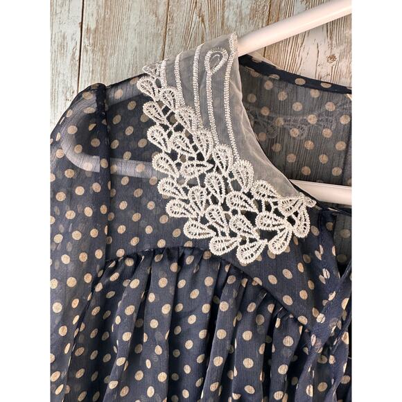 Lindy Bop A-Line Dress Large Black Chiffon Polka Dots Collared Lace Trim Pleated - Picture 5 of 10